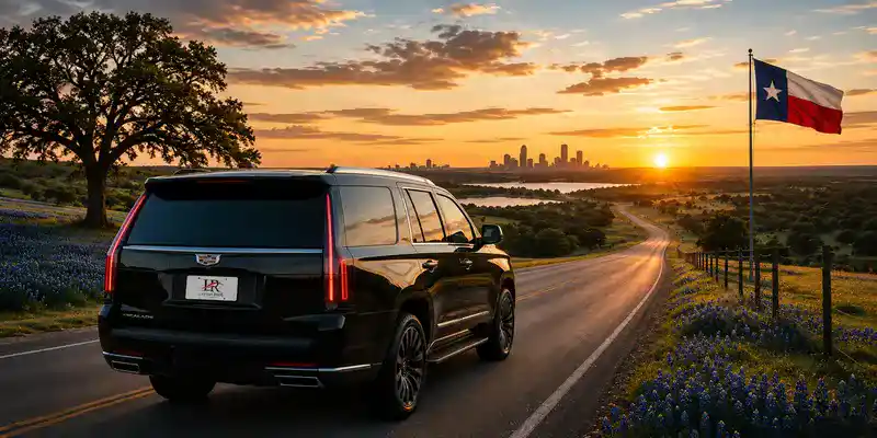 Cadillac Escalade with Lavish Ride logo traveling across Texas on a scenic highway for a luxury long-distance road trip.